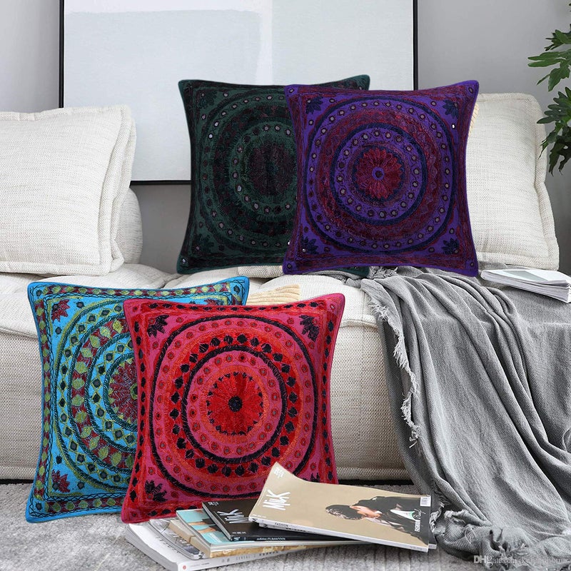 Rajasthali Elephant Banarsi Silk Indian Ethnic Bohemian Decorative Cushion Cover Handcrafted Patchwork Sari Throw Pillow Boho Decor Cushion Covers for Gift (Multi Color Set of 4 Pcs)